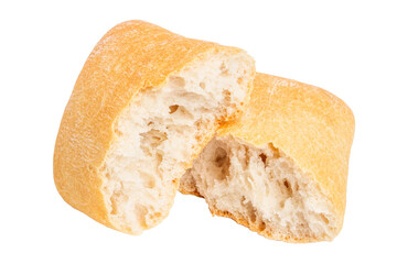 ciabatta bread broken in half on empty background.