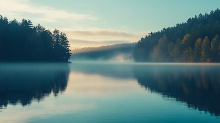 Fototapeta premium Tranquil Lakeside Dawn Landscape with Serene Reflection