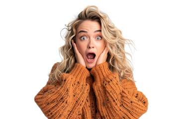 Surprised woman with curly blonde hair, wearing an orange sweater, expressing shock and amazement with her hands on her cheeks.