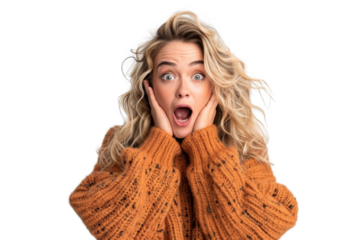 Surprised woman with curly blonde hair, wearing an orange sweater, expressing shock and amazement with her hands on her cheeks.