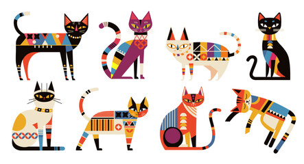 Set of cats in geometry style with simple shapes ornaments for logo. Vector bauhaus cats in different poses on white background.