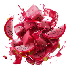 Vibrant and juicy dragon fruit explosion with fresh slices and splashes, showcasing the fun and...