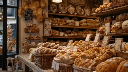 Detailed Photo of a Traditional Bakery Storefront with Artisan Baked Goods on Display