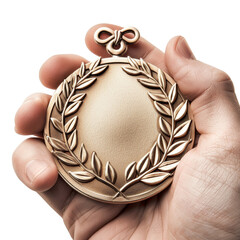 A detailed bronze medal with a laurel wreath held in a hand, symbolizing victory, achievement, or...