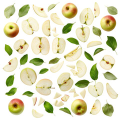Obraz premium A flat lay of fresh apples and green leaves arranged artistically, showcasing whole and sliced apples on a white background.