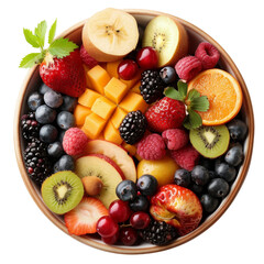 Obraz premium A vibrant bowl filled with assorted fresh fruits including berries, mango, kiwi, orange, raspberry, and banana, perfect for a healthy diet.