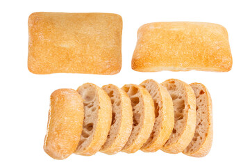 Set of whole and sliced ​​ciabatta bread on empty blank background.