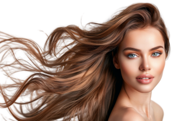 Beautiful young woman with long flowing hair and captivating blue eyes, posing against a plain background, perfect for beauty and fashion content.