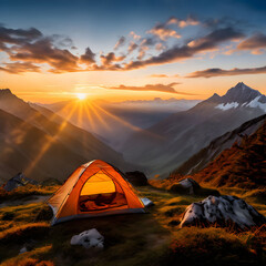 Outdoor camping/ tourist tent camping in mountains at sunset/ camping tent with sunlight/  travel & solo travel concept 