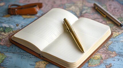 Travel Journal: A beautifully designed travel journal open to a blank page, with a pen and a world map in the background.
