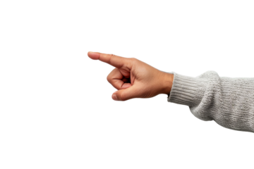 Close-up of a hand wearing a gray sweater pointing with the index finger on a white background.