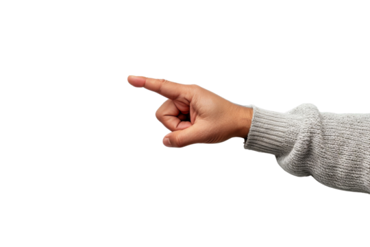 Close-up of a hand wearing a gray sweater pointing with the index finger on a white background.