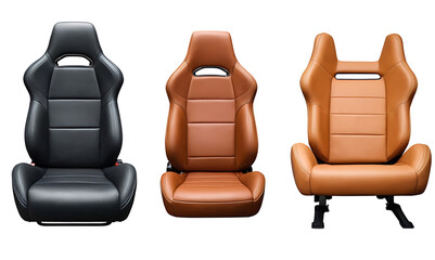 Three sporty car seats in black, brown, and light brown leather, ideal for automotive websites, car accessory stores, or racing-themed promotions. Transparent PNG.