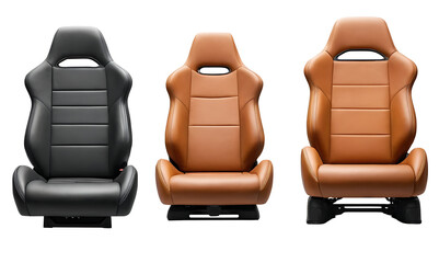 Three sporty car seats in black, brown, and light brown leather, ideal for automotive websites, car accessory stores, or racing-themed promotions. Transparent PNG.