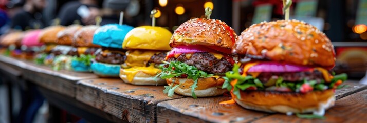 Colorful Burgers on Wooden Table.