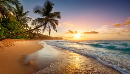 A serene beach with palm trees and gentle waves rolling in, beautiful sunset time; perfect seascape for travel concept