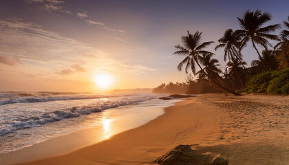 A serene beach with palm trees and gentle waves rolling in, beautiful sunset time; perfect seascape for travel concept