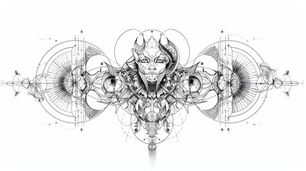 tattoo art line, illustrated in illustrator, perfect generation without design errors, pure white and clean background, A geometric and realistic style tattoo, featuring a combination of mythological.