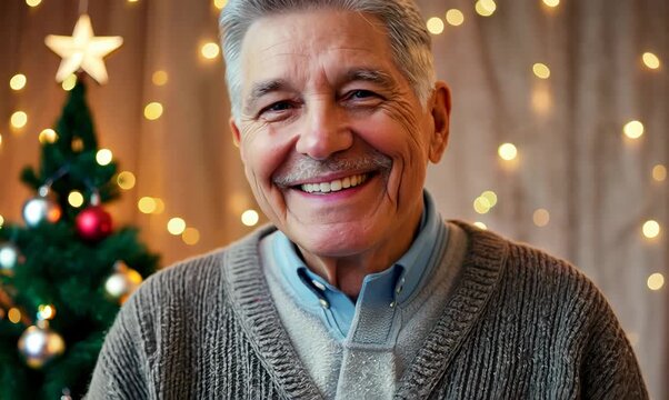 Lifestyle portrait video of a grinning man in his 80s that is wearing a chic cardigan against a christmas or holiday themed background