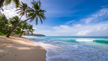 A serene beach with palm trees and gentle waves rolling in, beautiful blue sky and cloud; perfect seascape for travel concept