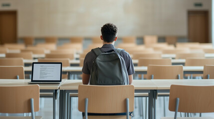 Rearview of Student with Backpack Sitting Alone at Classroom Table - Working on Laptop Notebook, Computer Technology Education and Studying, University College E-Learning, Teenager