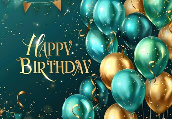 Happy birthday card with golden and teal balloons, confetti garland, bunting banner and text "HAPPY BIRTHDAY" Generative AI