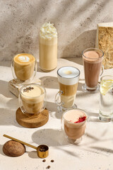Assortment of Hot Coffee Beverages on Rustic Surface