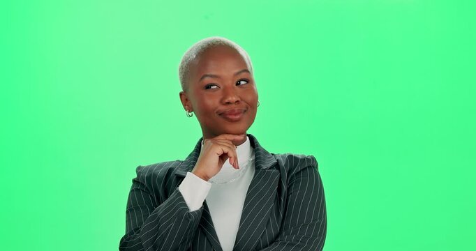 Black woman, face and thinking on green screen for ideas, problem solving and insight for solution. African lady, contemplating and creativity for brainstorming, aha and eureka by studio background