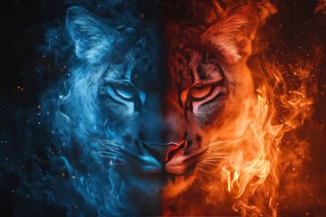 Obraz premium A Split-Face Portrait of a Cougar Embracing Fire and Ice
