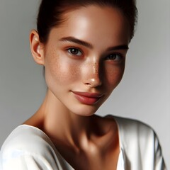 woman with freckles and freckles posing on a white background. natural beauty, face without makeup