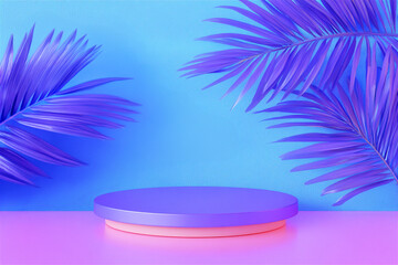 Obraz premium Empty round podium surrounded by violet palm tree leaves on a colorful background, perfect for placing your product