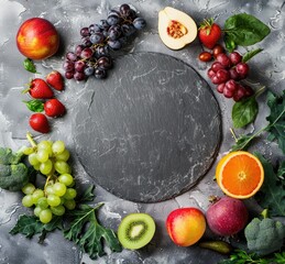 A round, black slate platter surrounded by a circle of fresh fruit and vegetables.