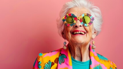 An elderly woman in colorful attire, sunglasses, and long earrings, smiles joyfully in a pink background. Her elegant style and cheerful vibe shine through.