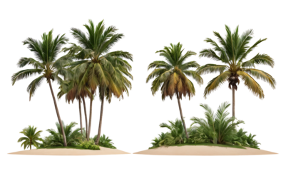 Two clusters of coconut palm trees on sandy islands, perfect for travel brochures, beach-themed designs, or tropical projects. Transparent PNG.