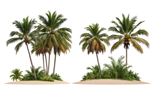Two clusters of coconut palm trees on sandy islands, perfect for travel brochures, beach-themed designs, or tropical projects. Transparent PNG.