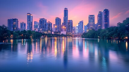 Mesmerizing Cityscape of Towering Skyscrapers Reflecting on Tranquil River at Dusk