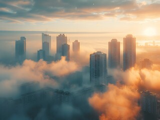 Fototapeta premium Majestic City Skyline Emerging Through Misty Sunrise Haze