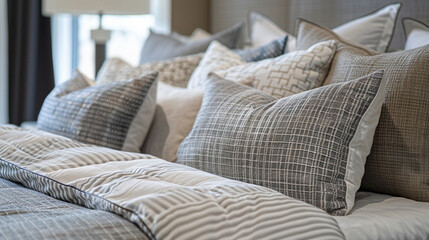Close-up of a neatly made bed with abstract, detailed fabric textures and pillows