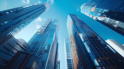 Fototapeta na wymiar Towering Skyscrapers Reach for the Blue Sky in Bustling Urban Cityscape