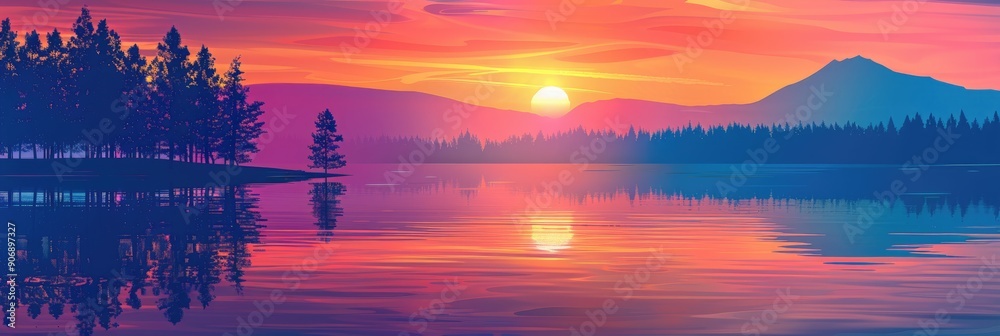 Wall mural Minimalistic landscape of a summer sunset on the lake