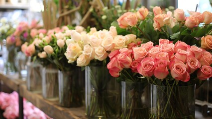 Assorted roses in a flower shop with retro and vintage style
