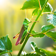 Hummingbird in hand. Green grasshopper on a leaf. World photography day concepts.