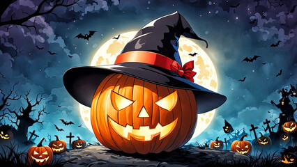 Ilustración de una típica calabaza de Halloween con gorro negro y rodeada de calabazas y cruces en un entorno terrorífico, iluminado por la luna.