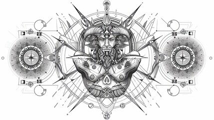 Tattoo art line, illustrated in Illustrator, perfect generation without design errors, pure white and clean background. A geometric and realistic style tattoo, featuring a combination
