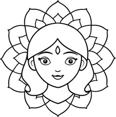 Cute Girl Face Coloring Page Minimal Line Art with Geometric Mandala Design