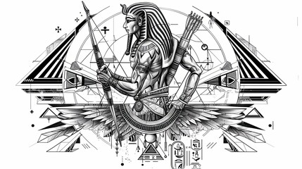 Tattoo art line, illustrated in Illustrator, perfect generation without design errors, pure white and clean background. A geometric and realistic style tattoo, featuring a combination