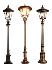 Three vintage-style street lamps with different finishes (black, bronze, and copper), ideal for urban design projects, historical settings, or nostalgic scenes. Transparent PNG.