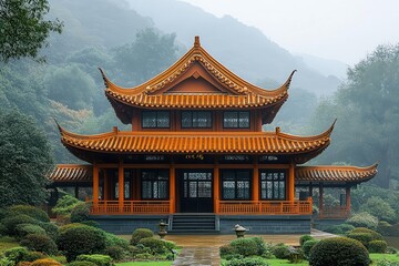 Fototapeta premium Traditional Chinese Pagoda in a Misty Mountain Landscape.