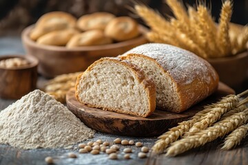 Freshly Baked Bread with Flour and Wheat Ears.