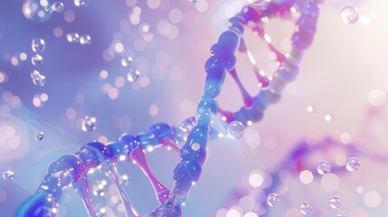 Abstract with a DNA double helix in a sparkling blue and purple color palette, against a soft blurred backdrop of volumetric lighting that creates a dreamy atmosphere.